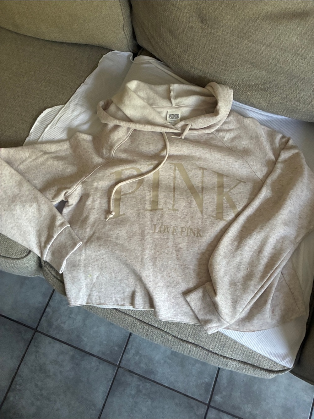PINK Victoria's Secret Neutral Cream Logo Hoodie Sweater